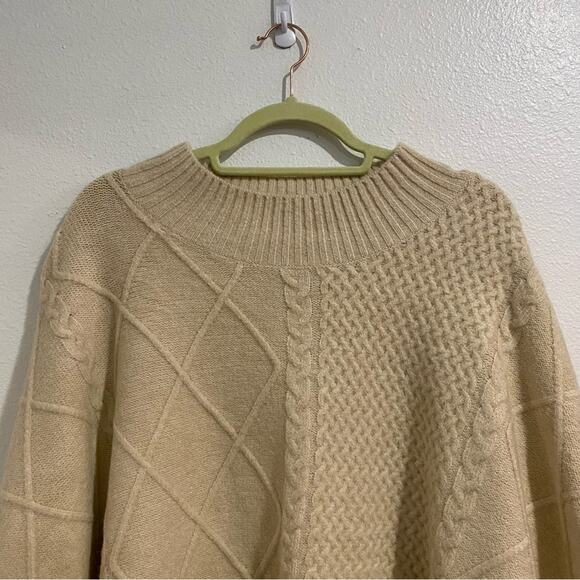 Free People Cream Harbour Stripe Cable knit Poncho Sweater Sz O/S NWT - Picture 3 of 13